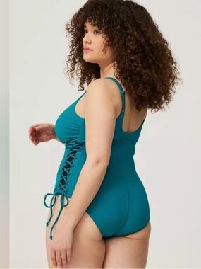 Torrid Vibrant Teal Ribbed Lace Up Side One-Piece Swimsuit Size 3X
